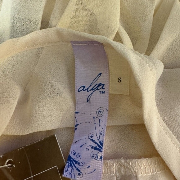 Alya NWT Small Off-White w/Floral Lace Trim Sleeveless Sheer Pleated Blouse - Picture 3 of 4